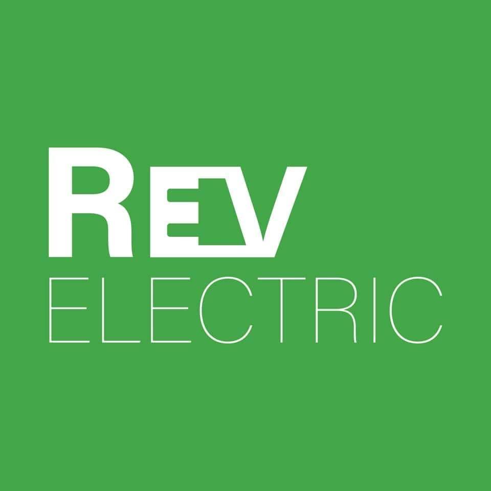 Rev Electric logo with white stylized REV, plug-shaped E above thin ELECTRIC text on solid green background