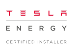 Tesla Energy certified installer logo: red TESLA wordmark above grey ENERGY and CERTIFIED INSTALLER text on black background