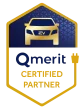 Qmerit Certified Partner badge with gold EV car icon and charging plug on blue hexagonal background